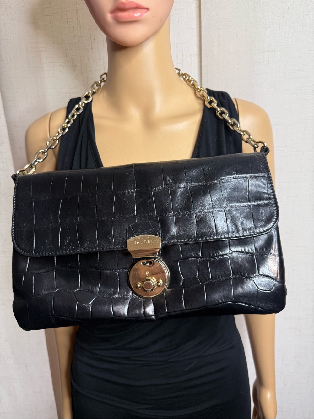 Jaeger Black leather bag, clutch, purse with detachable strap.